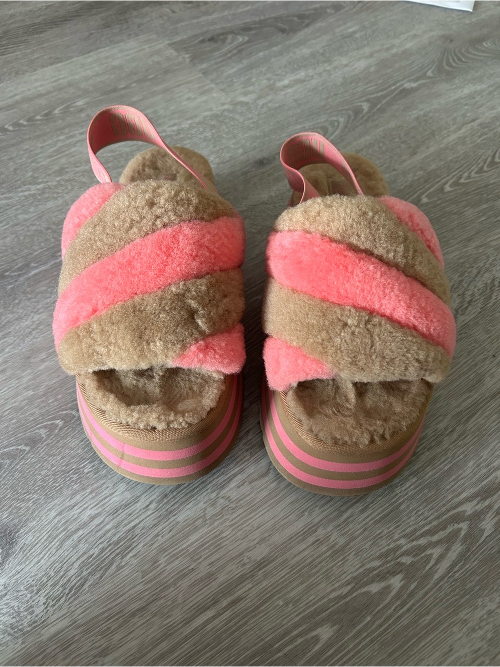UGG Disco Pink and Tan Fluff Platform Slides